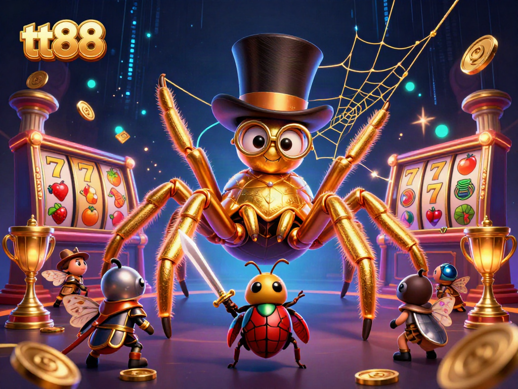 tt88 slot adventure featuring a golden spider, brave knight, and lively coins in a vibrant casino.