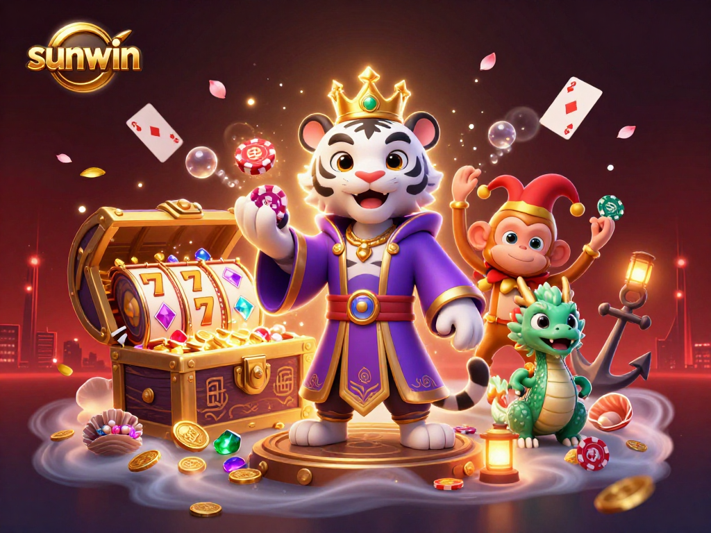 Engage with sunwin's vibrant casino realm featuring a grand tiger, juggling monkey, and magical jade dragon amidst riches.