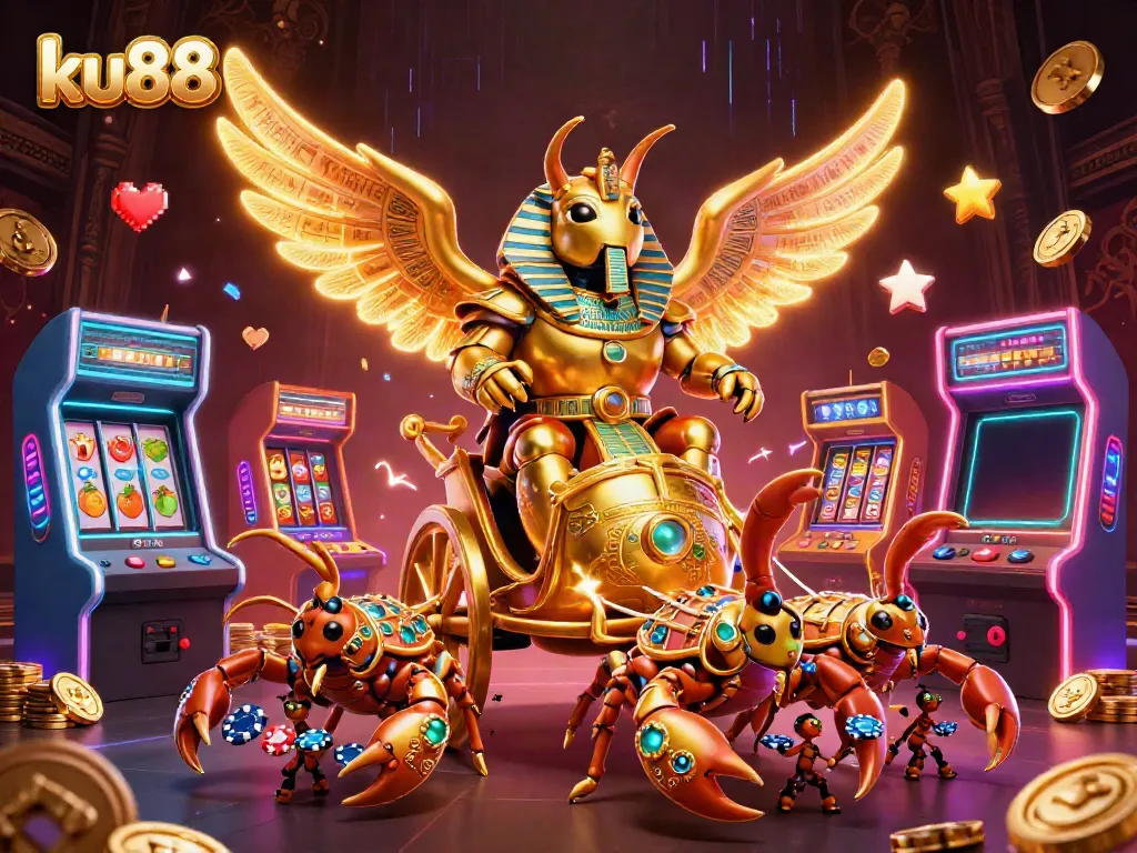 Join the excitement at ku88 with a dazzling 3D scene of casino games and golden elements.