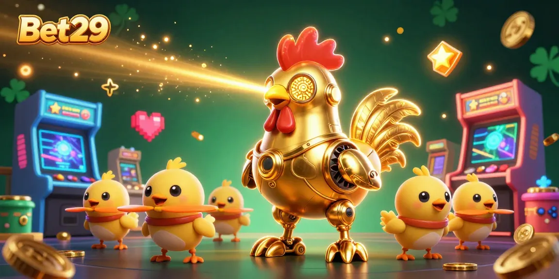 Experience vibrant gameplay at Bet29 with a golden rooster robot and baby chick drones amidst exciting casino elements.