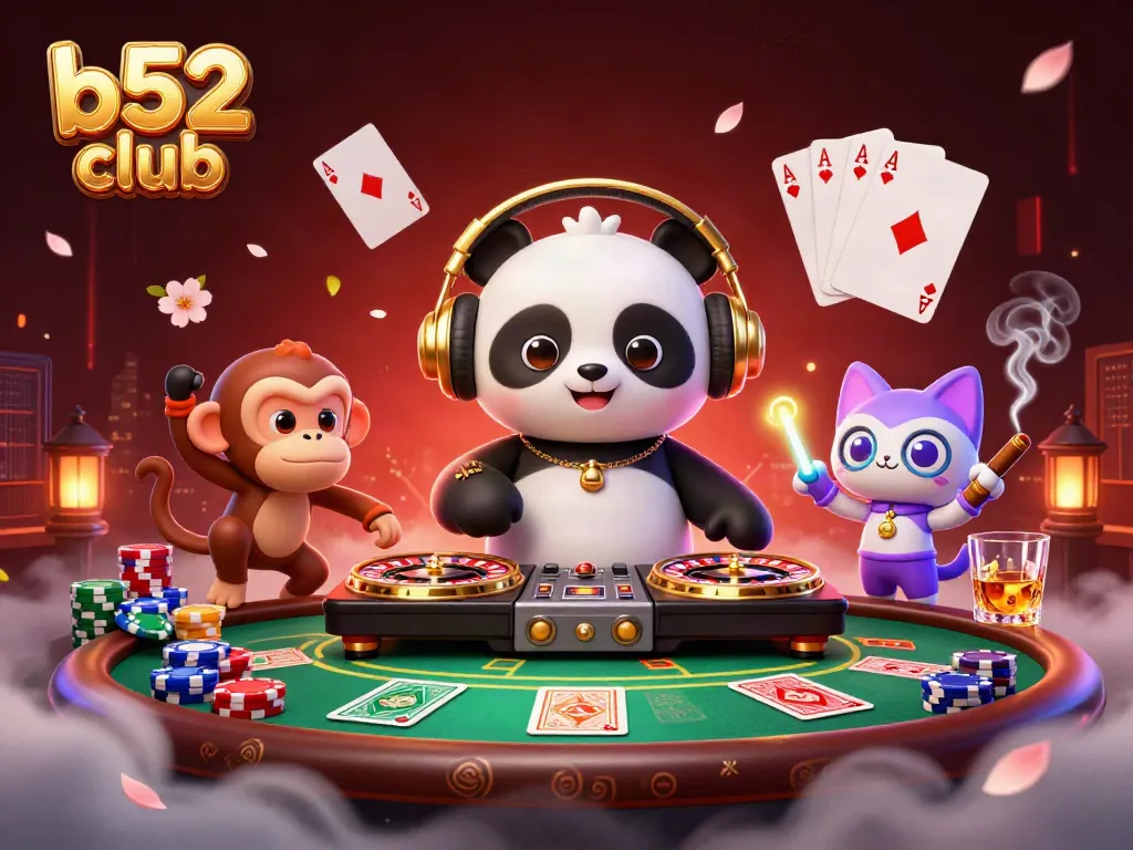 Dynamic scene showcasing b52 club with a DJ panda spinning roulette wheels, poker elements, and vibrant characters.