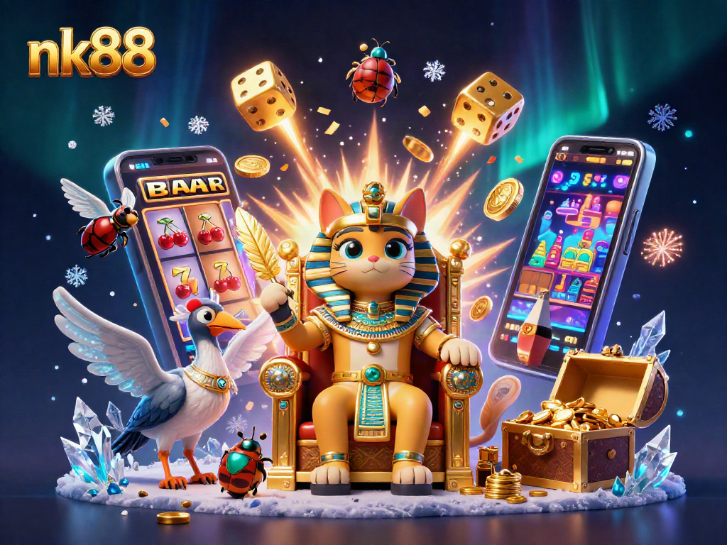Spin the nk88 slot reels for jackpot wins in a vibrant casino scene with Egyptian themes.
