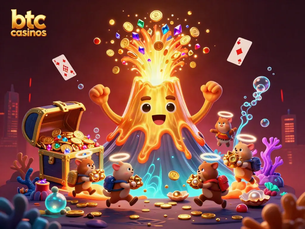 Experience thrilling btc casinos with an erupting volcano surrounded by treasures and adventure.