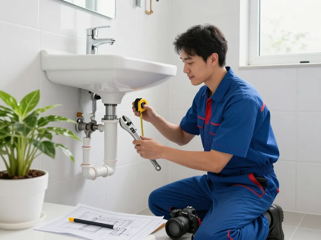 Encanador em São Paulo repairing plumbing under a sink with professional tools in a bright bathroom.