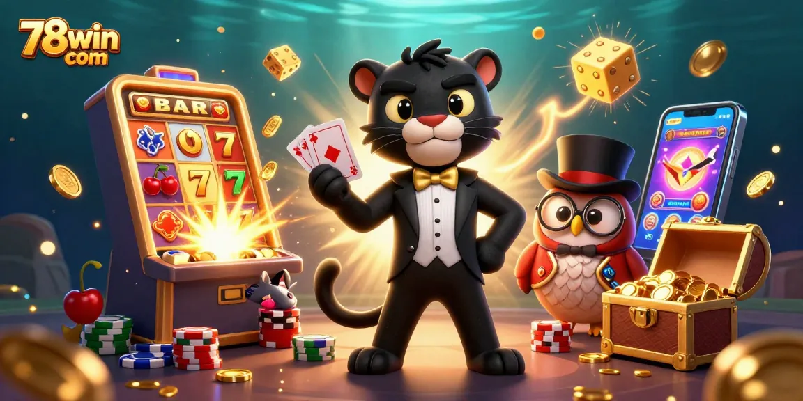 Experience thrilling jackpots at 78win com with a vibrant casino scene of cartoon characters.