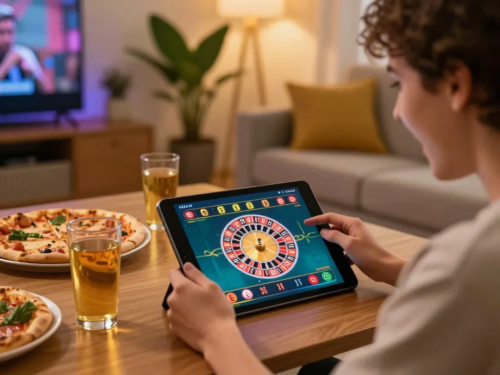 Cena de jogo online AAVIP com jogador se divertindo em jogo de roleta em casa, capturando a emoção.