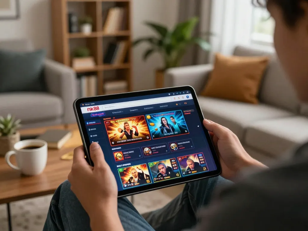 Engaging online gaming experience at nk88 nhà cái uy tín, featuring a player using a tablet