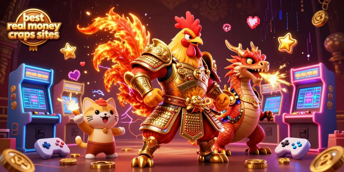 Experience the thrill at the best real money craps sites featuring 3D cartoon characters amidst dynamic casino elements.