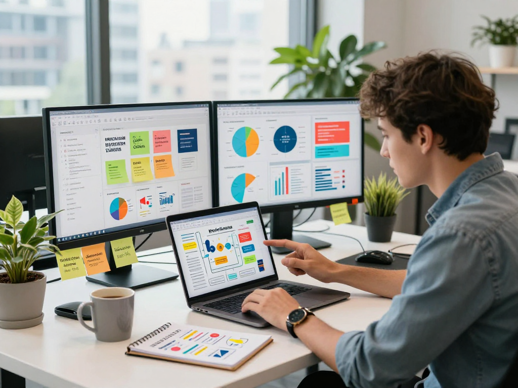 Profissional analisando estratégias multicanais em ambiente moderno de marketing digital.