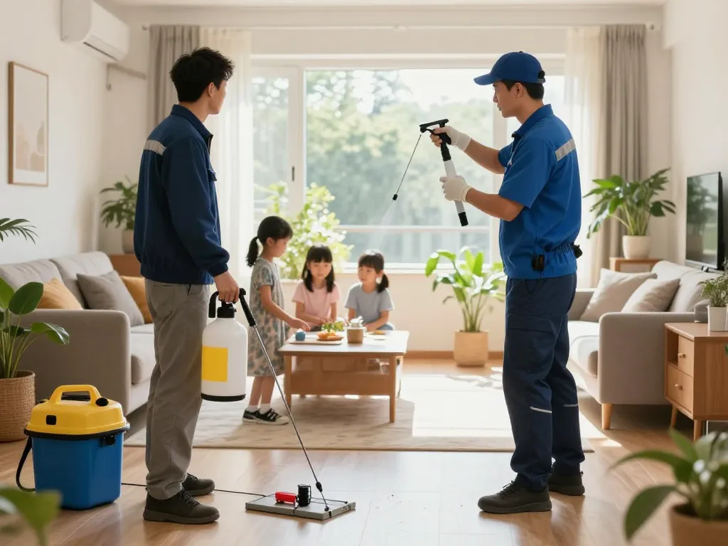 Dedetizadora technician applying pest control measures in a safe, modern home environment with a family observing.