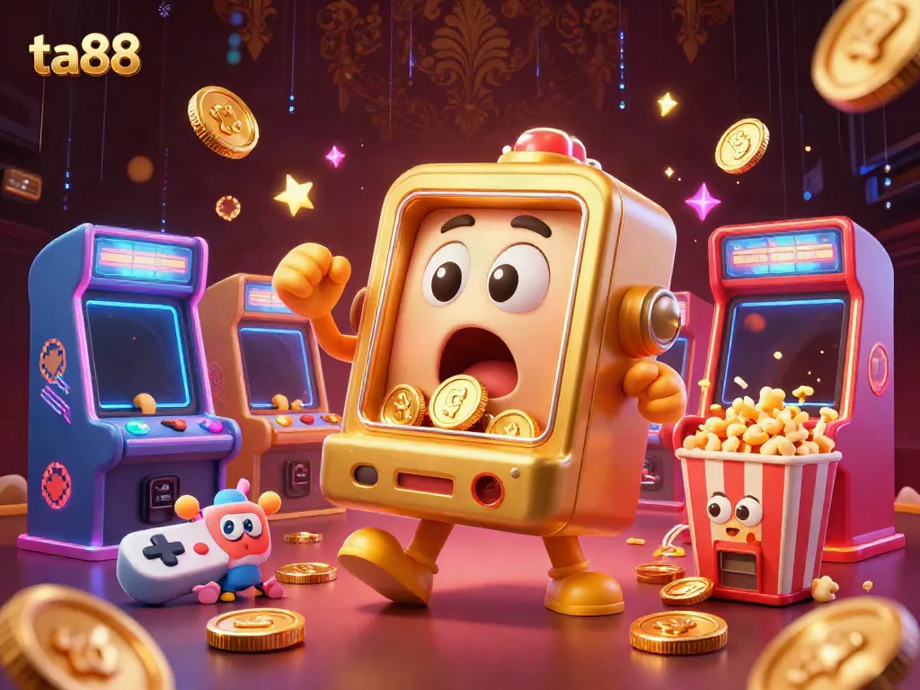 Experience the excitement of ta88 as the golden slot machine hits the jackpot amidst colorful casino arcade games.