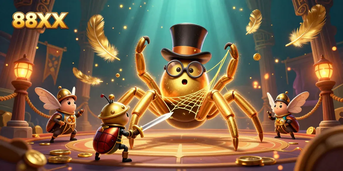 Experience thrilling gameplay at 88XX, featuring a giant tarantula and brave knight in a vibrant casino scene.