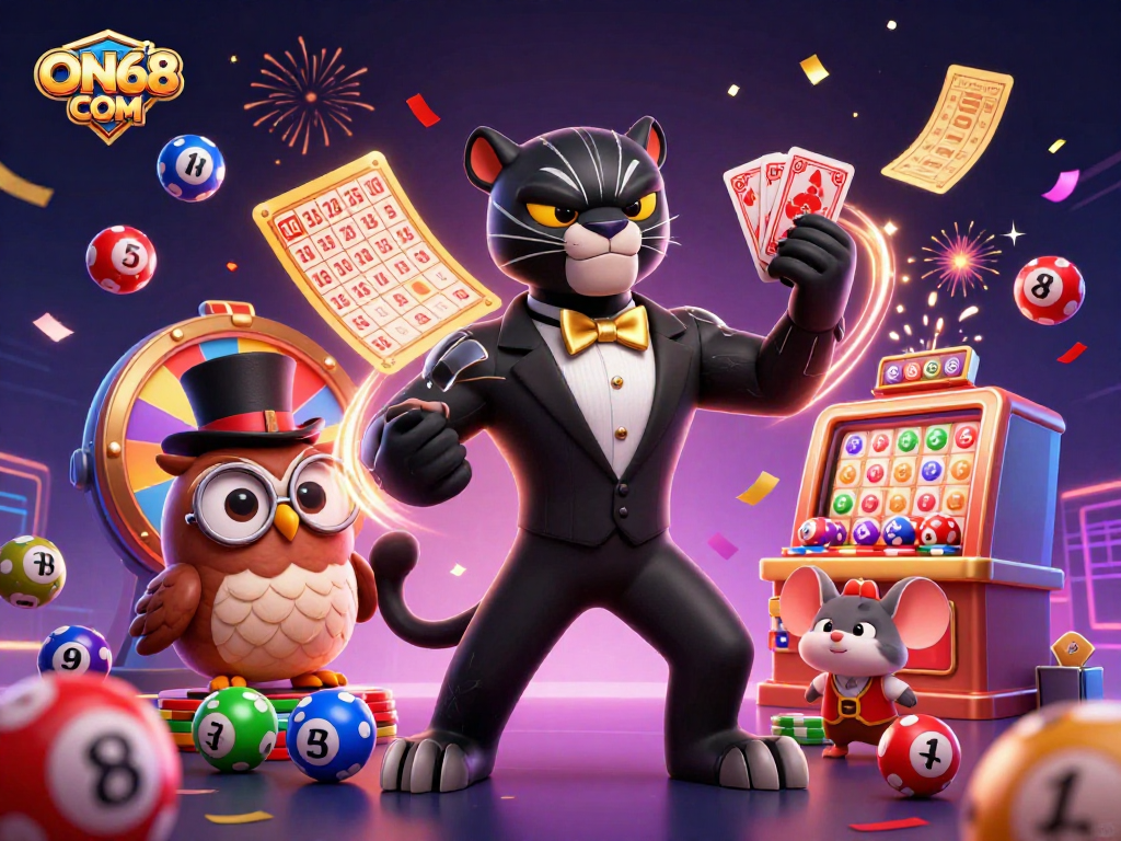 Experience the excitement of ON68 COM with a stylish panther dealing cards among colorful casino elements.
