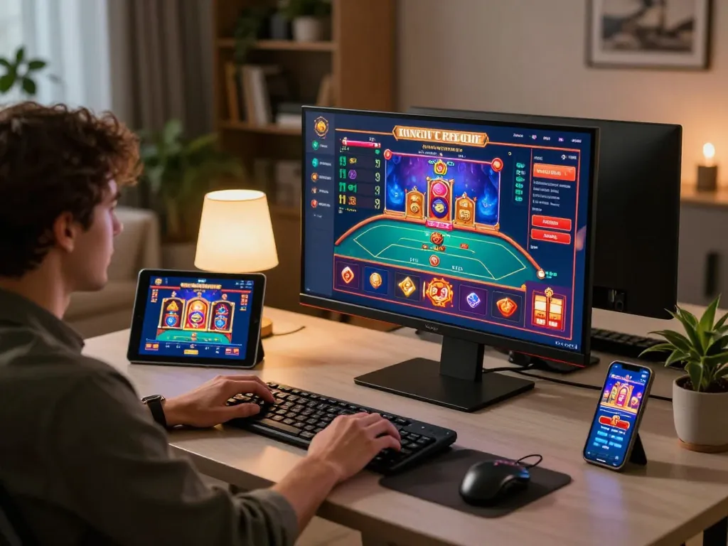 Engaged player using 27G online casino app on multiple devices in a stylish home gaming setup