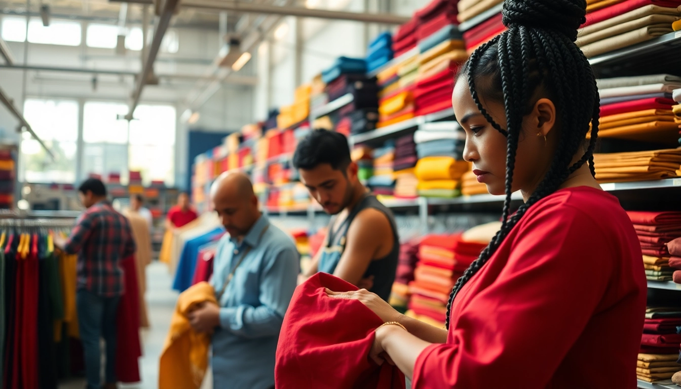 Private label clothing manufacturers showcasing diverse fabrics and tailors in action.