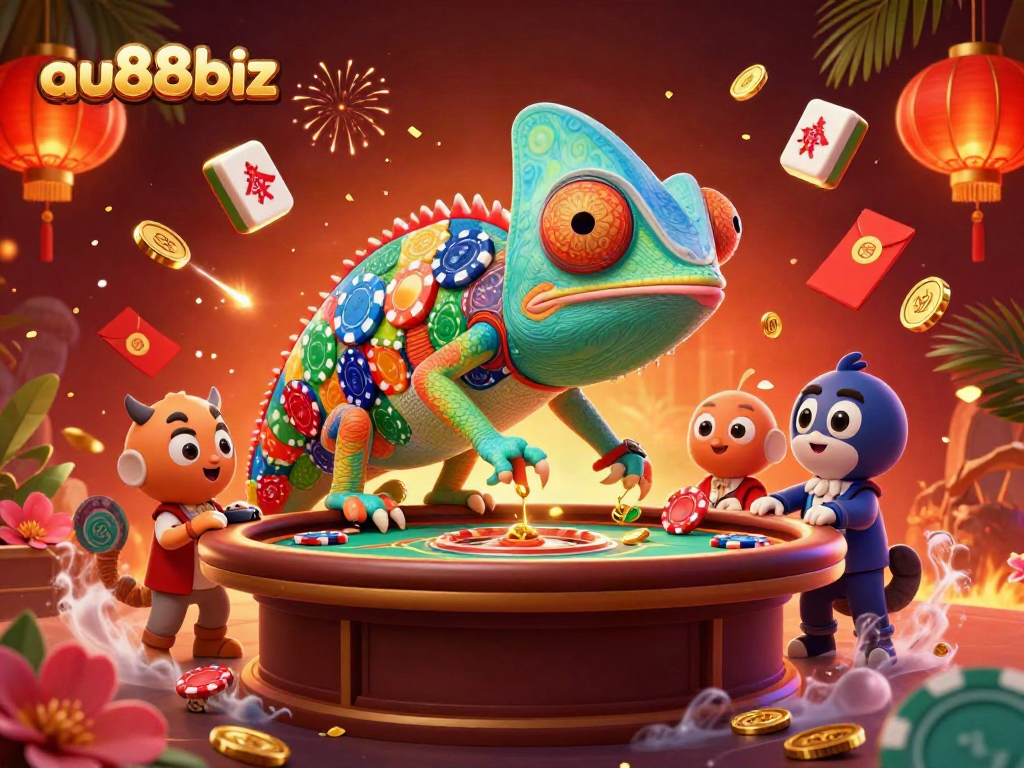 Experience exciting games at au88biz with a vibrant chameleon casino owner and festive elements.