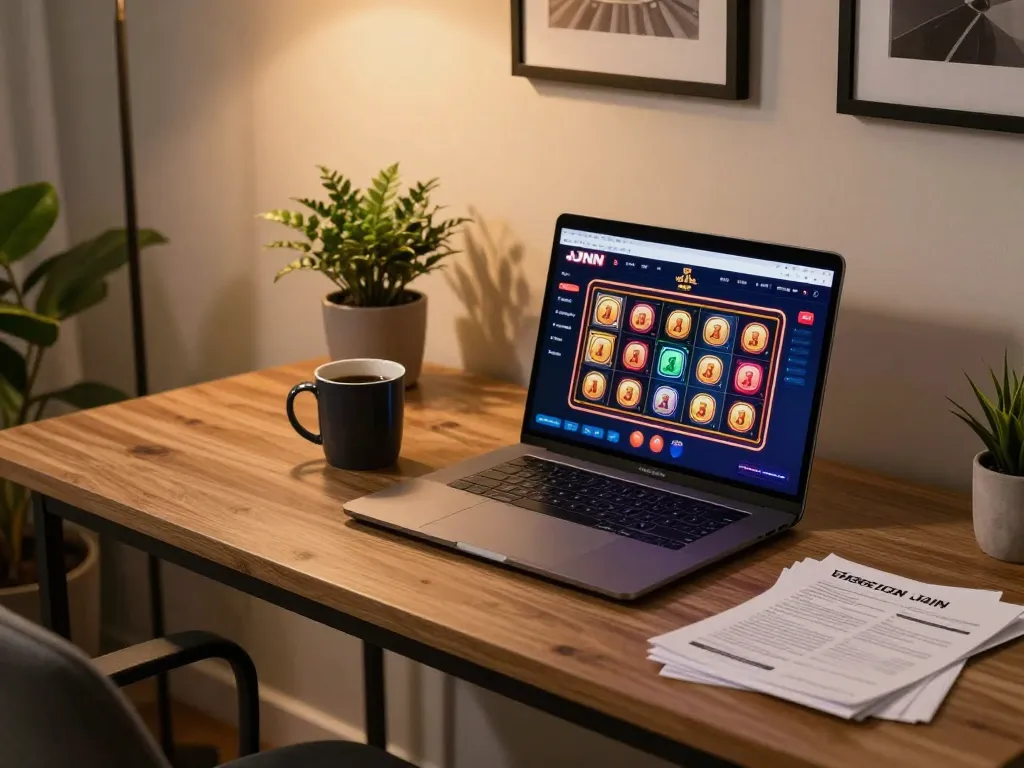 Engaging with the JJNN online slots interface in a cozy at-home gaming setup.