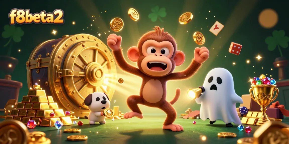 View the lively action of f8beta2 as a monkey juggles golden casino treasures in a haunted casino.