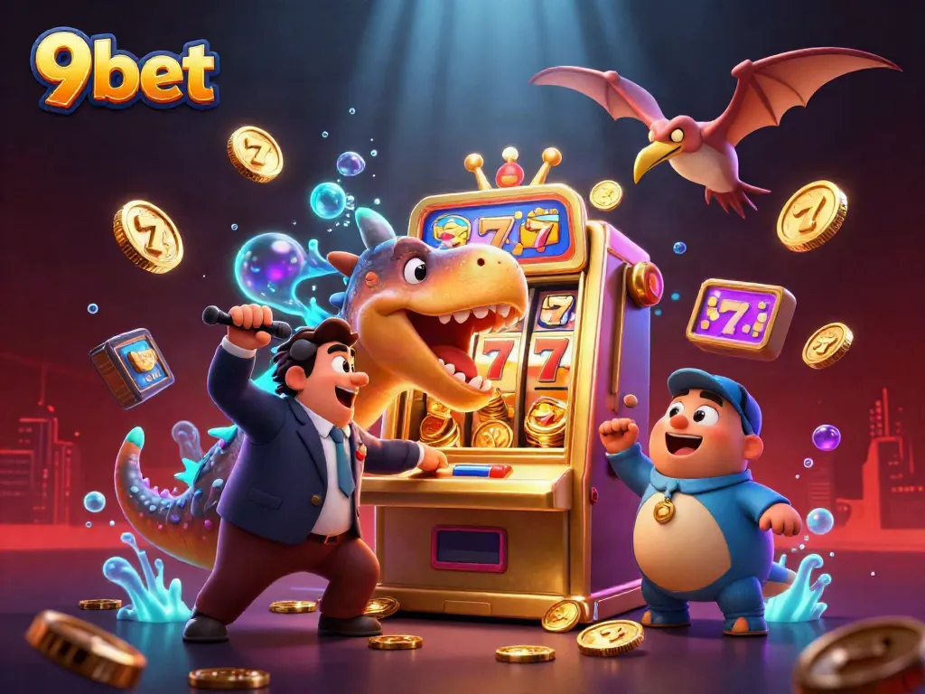 9bet casino scene with a pachycephalosaurus winning coins from a golden slot machine in a vibrant environment.