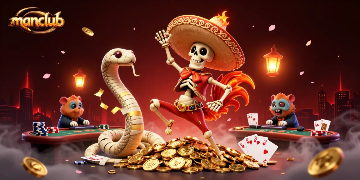 Experience thrilling poker action with manclub as a 3D cartoon rooster dances over gold coins next to a mummy snake and DJ hamster.