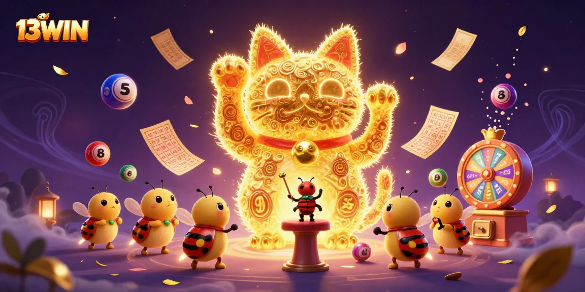 Engage with the vibrant 13WIN lucky cat symbol, surrounded by dynamic gambling elements.