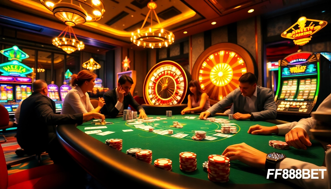 Action-packed poker scene at F88BET showcasing a roulette wheel and vibrant slot machines.