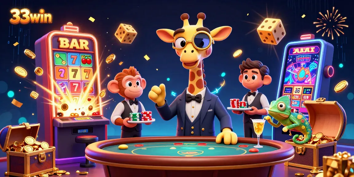 Experience thrilling gameplay with 33win's dynamic casino scene featuring vibrant characters and jackpots.