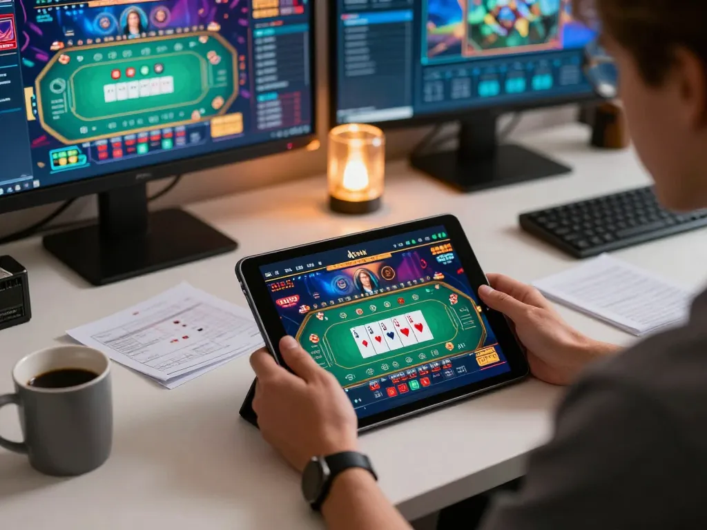 Engaging in online poker gameplay on a tablet, showcasing 789wim gaming strategies and interface