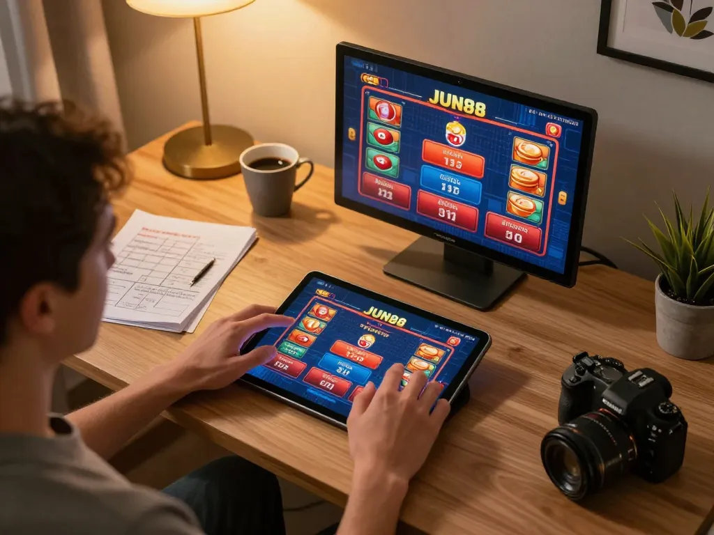 Engage with JUN88 at home using a tablet for online casino games, blending excitement and strategy in a cozy setting.