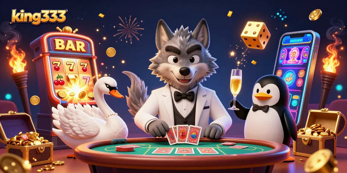 Engage with king333 slots as a wolf, swan, and penguin celebrate a jackpot win!
