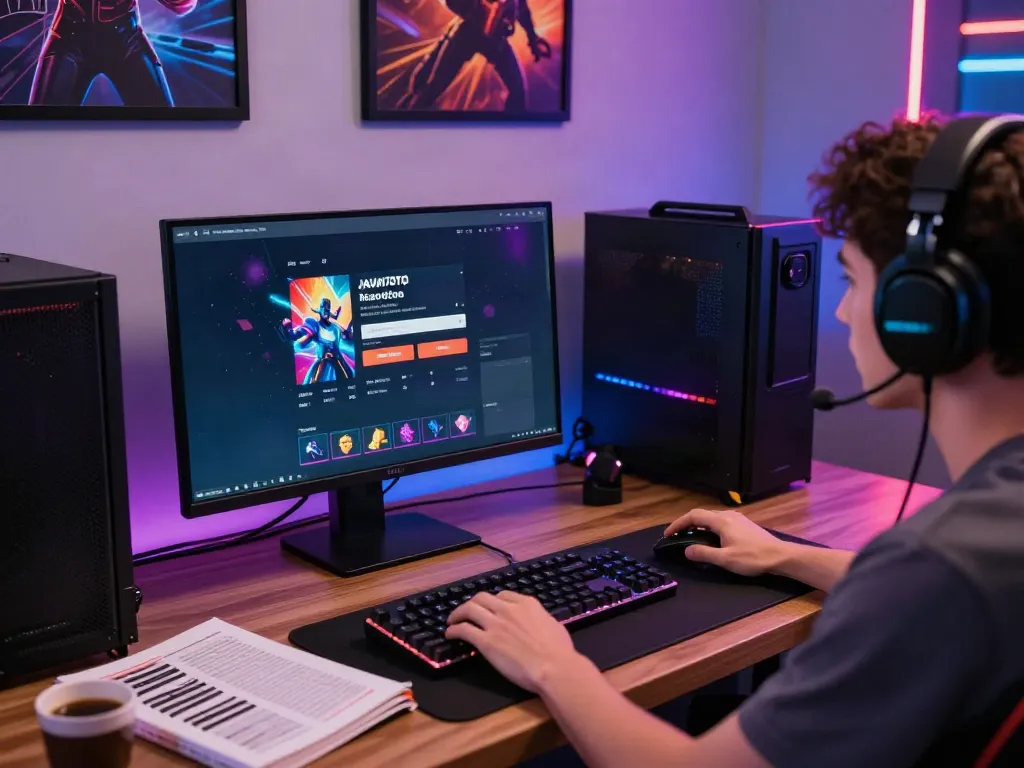 Jogador acessando Java Toto com interface de login e periféricos de jogo.