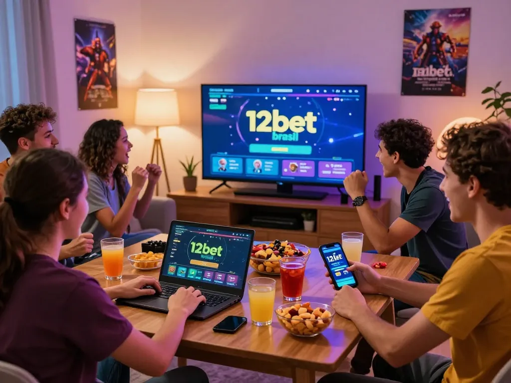 Friends enjoying gaming on 12bet brasil with vibrant atmosphere and snacks.