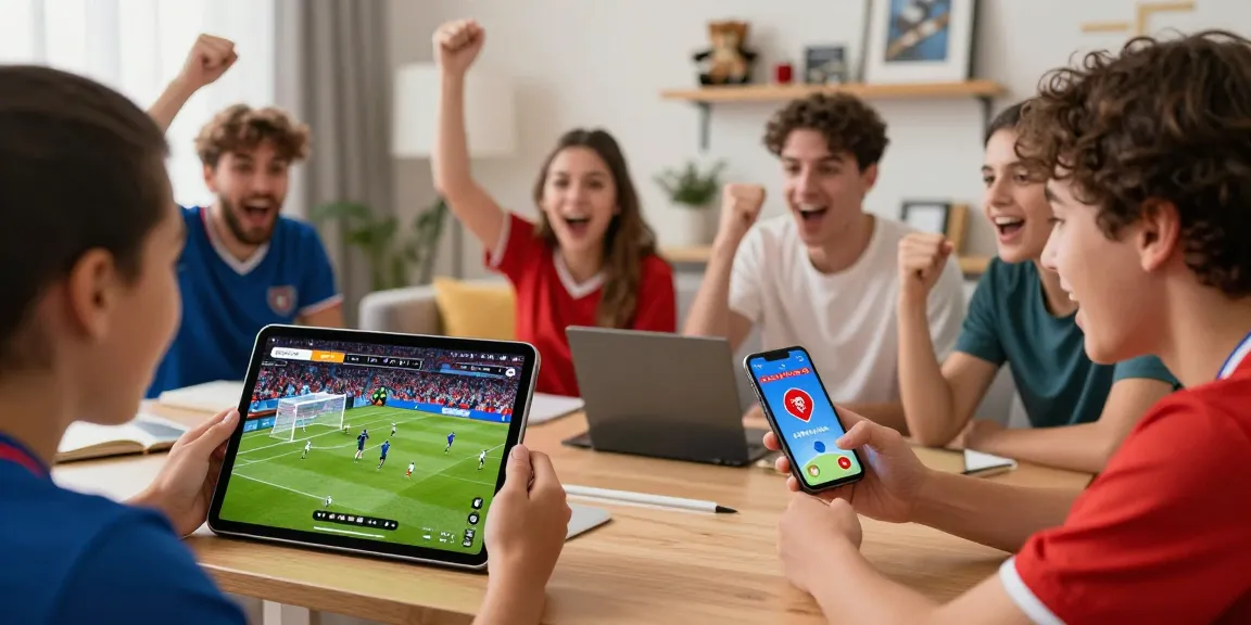 Fans enjoying bolakami live sports streaming in HD, celebrating a football match together in a vibrant living room.