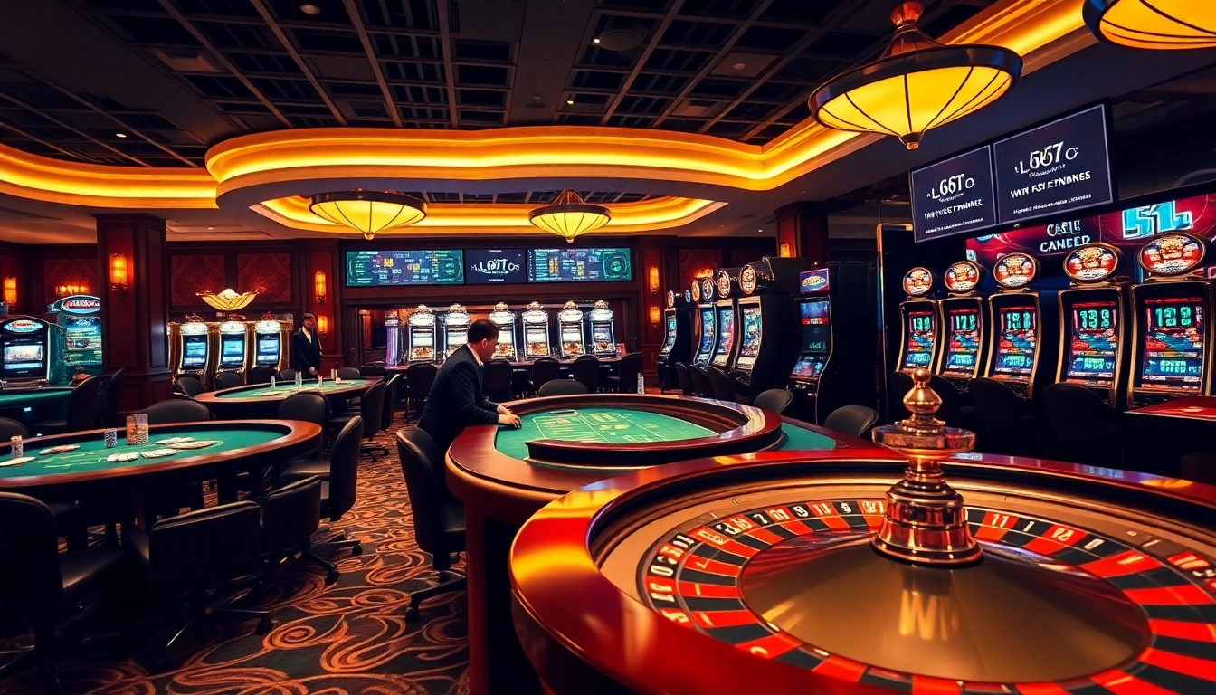 Experience high-stakes gaming at L567's luxurious casino featuring poker tables, roulette, and slot machines.