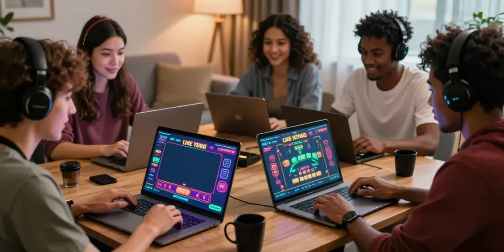 Engaged friends playing on SKY88 gaming platform in a cozy living room.