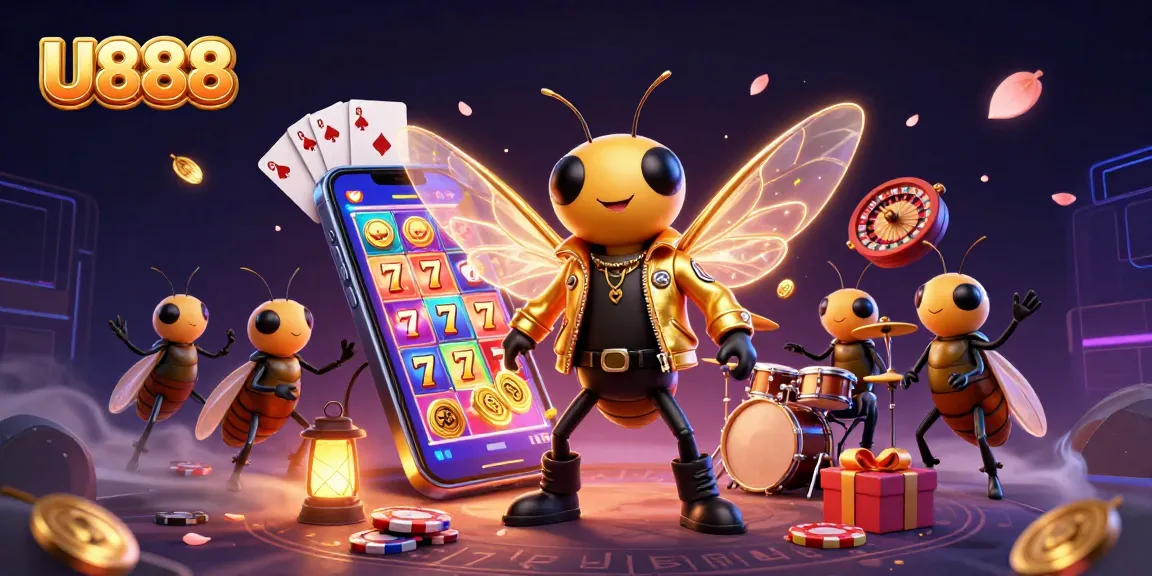 U888 players engage with vivid slot games, rich graphics, and vibrant characters in an electrifying casino atmosphere.