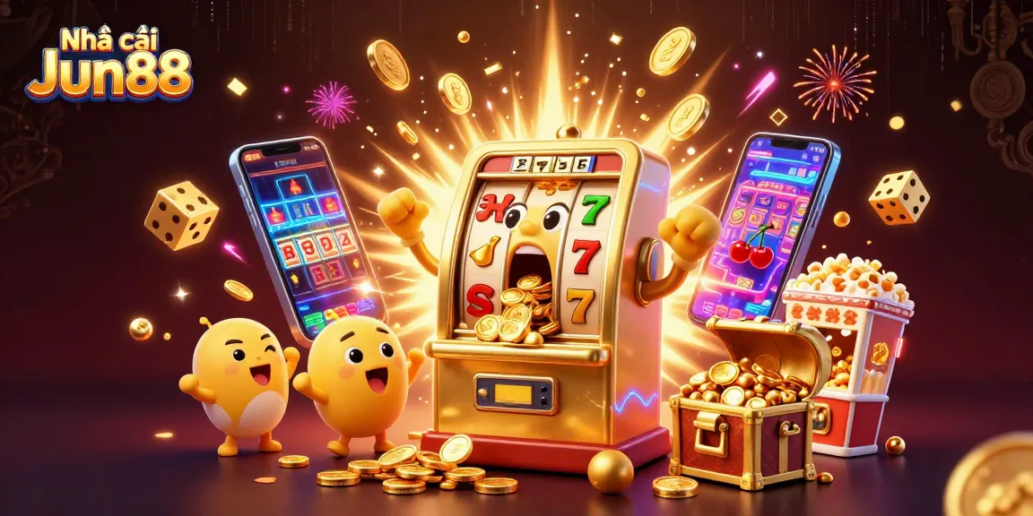 Experience the excitement of Nhà cái Jun88 as cartoon slot machines celebrate a jackpot win amidst dazzling casino-themed elements.