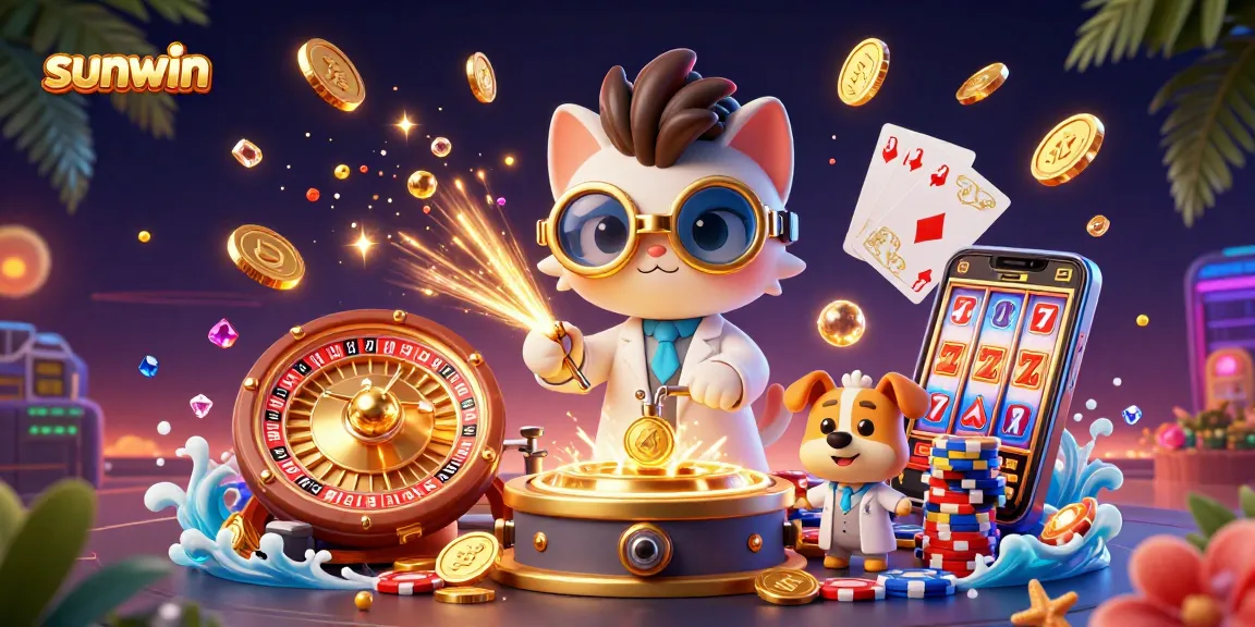 Experience excitement at sunwin with this vibrant casino scene featuring games, characters, and sparkling coins.