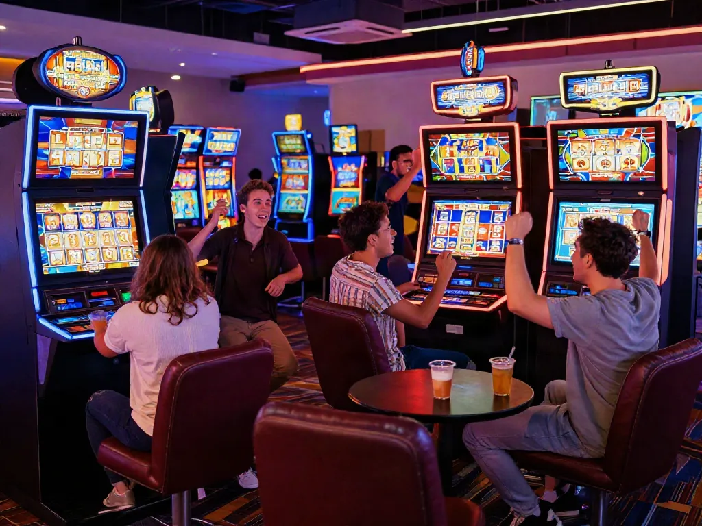 Grupo diversificado se divertindo em máquinas Slot em cassino vibrante.