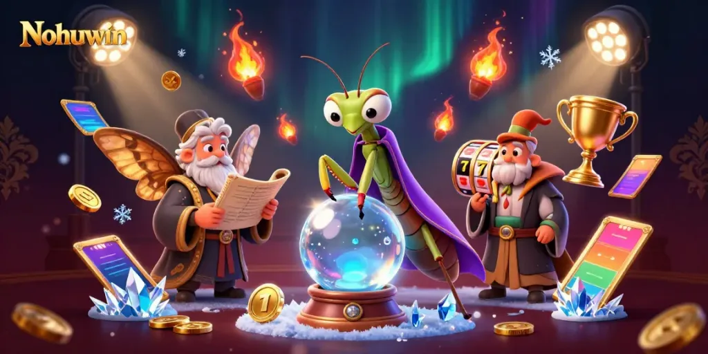 Nohuwin offers an exciting 3D casino vibe with vibrant elements showcasing jackpot slots and mystical character interactions.