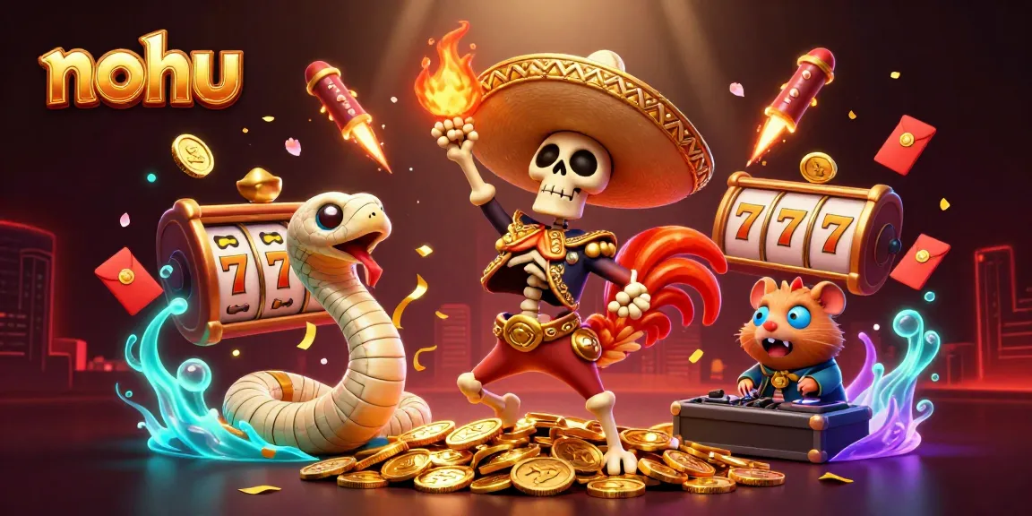 Nohu's vibrant victory dance of luck in a 3D casino scene with golden coins and slot reels