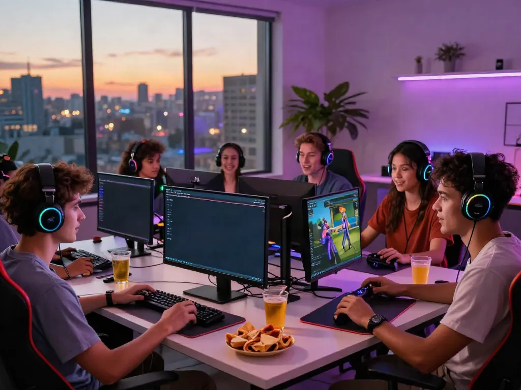 Nohuwin gaming friends enjoying a vibrant online gaming experience with multiple screens and colorful lights.
