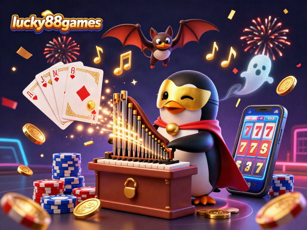 Experience the excitement of lucky88games with a vibrant casino scene featuring gold coins, cards, and colorful poker chips.
