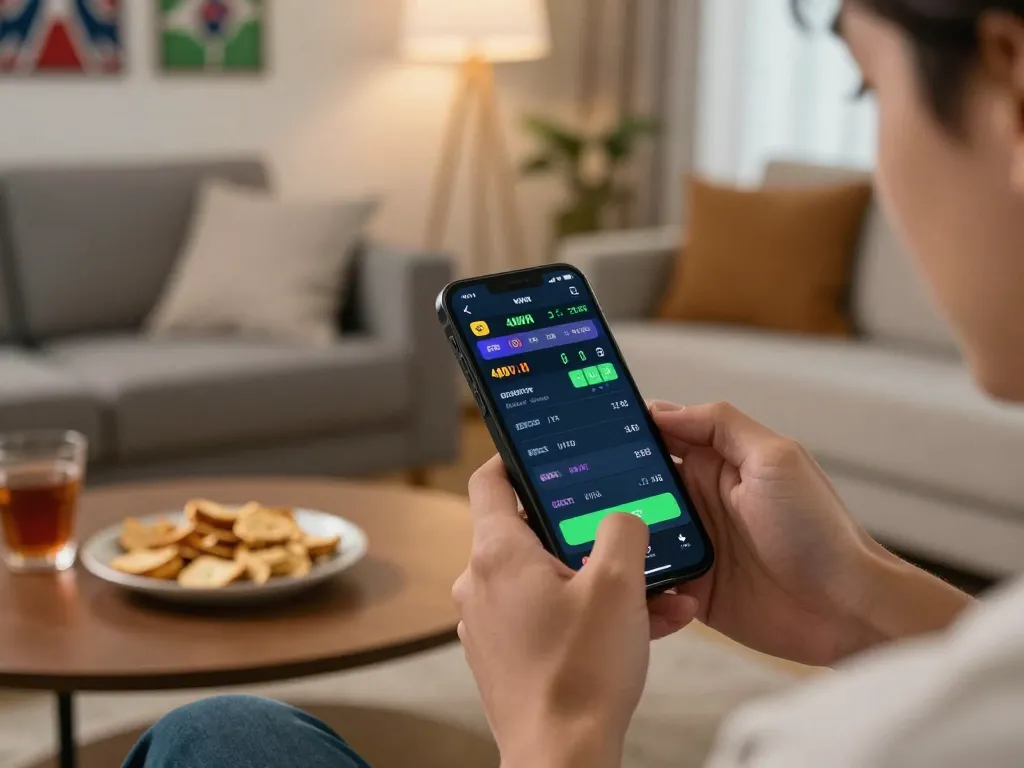 Sports betting on 40WIN app, showcasing live odds and user engagement in a relaxed home environment