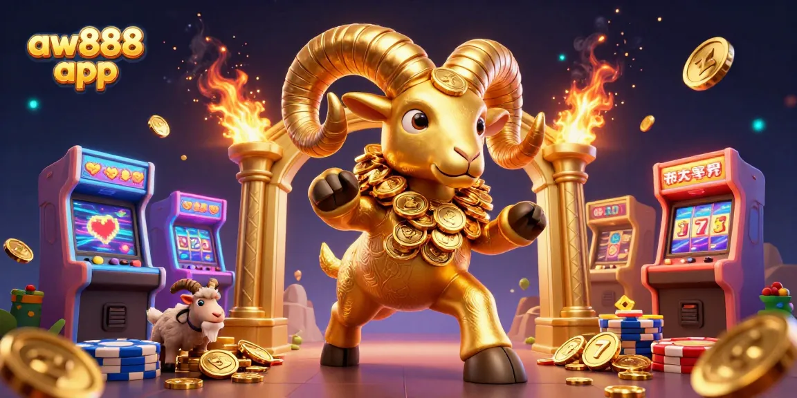 Engage with the aw888 app in an exhilarating casino adventure featuring a golden ram and vibrant game elements.