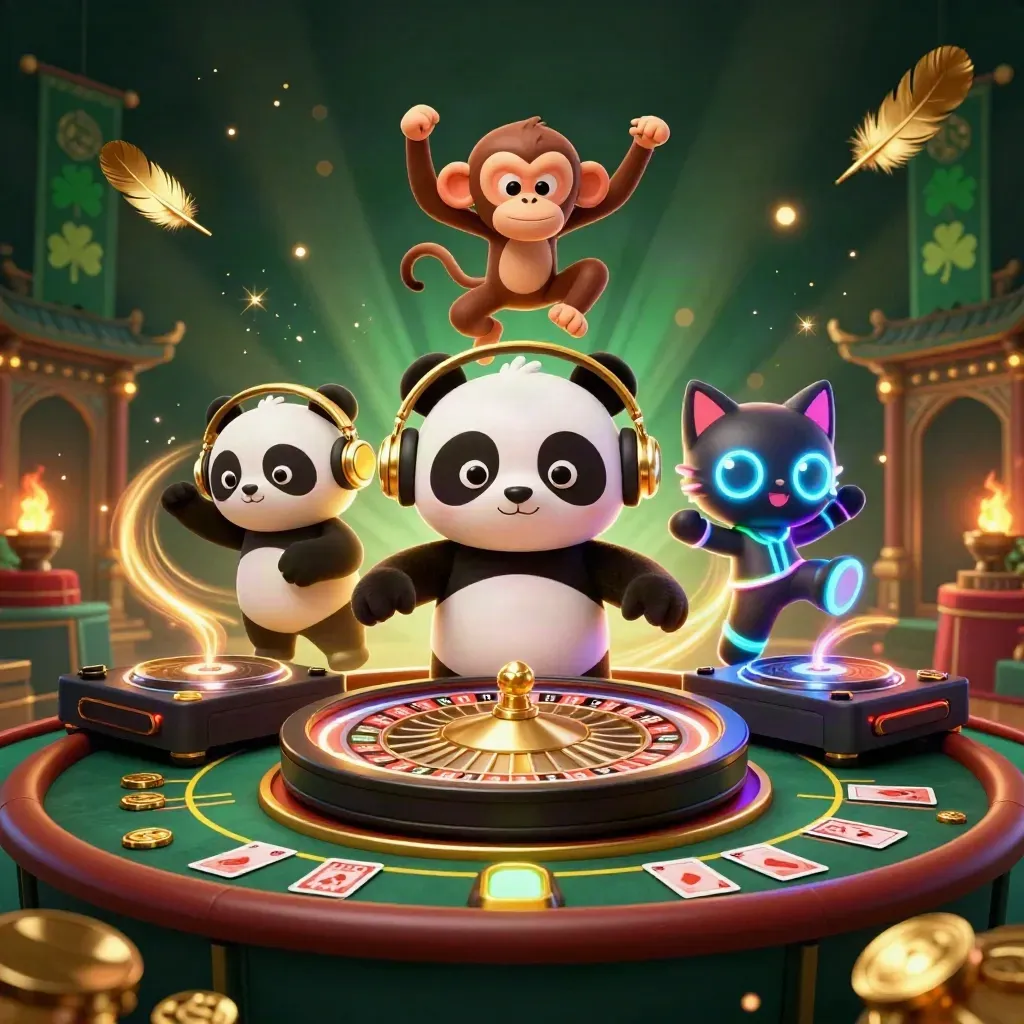 Panda DJ, macaco e gatinho neon em cassino lunar com ouro, roleta e luzes verdes.