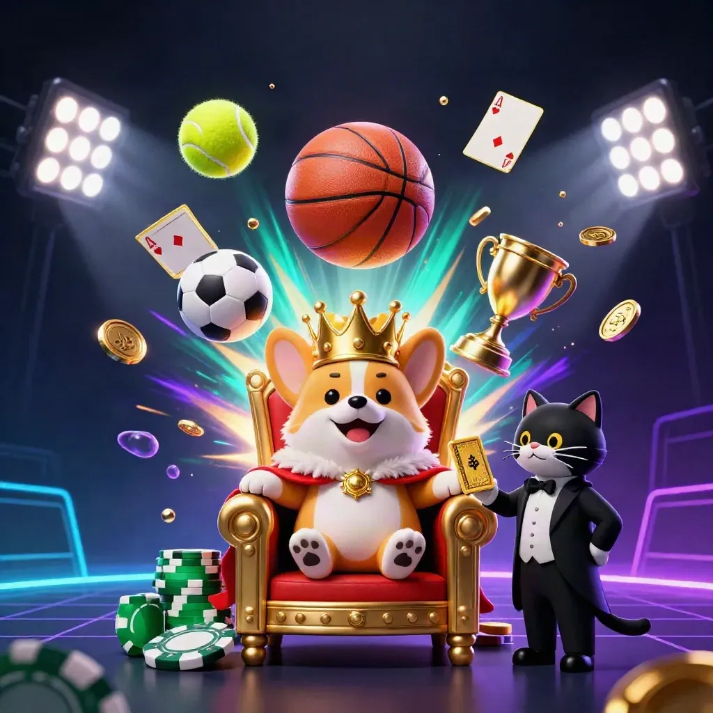 corgi coroado e gato croupier cercados por bolas e fichas em neon