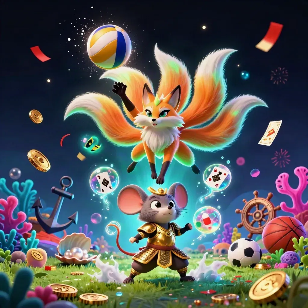 Raposa mágica e rato samurai com bola de vôlei, moedas, corais e efeitos neon.