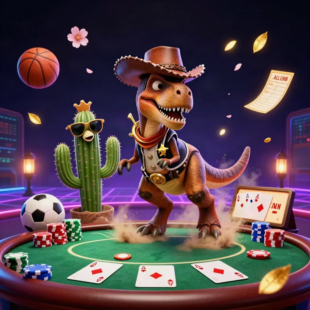 T-Rex cowboy, cacto e roadrunner em ação com fichas, cartas e bola voando sob neon.