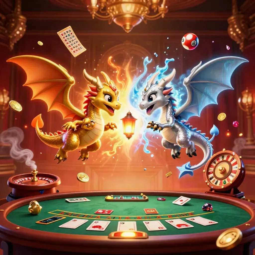 Dois dragões 3D dourado e prateado sobre roleta, bolas e cartas num cassino luxuoso.